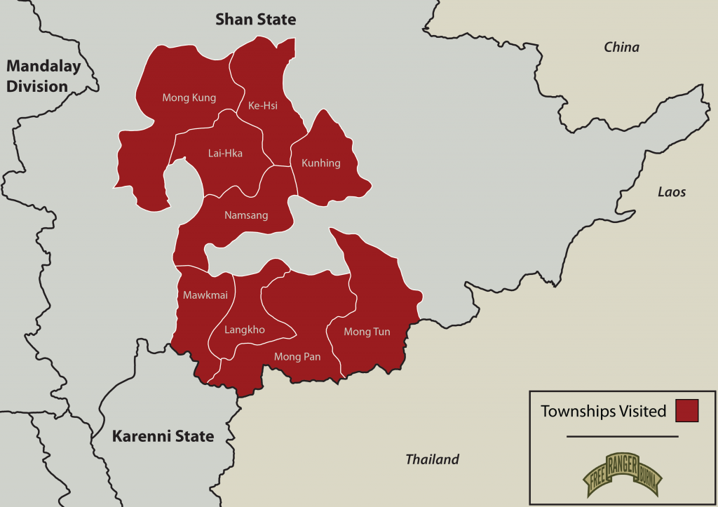Areas highlighted in red show the townships in Southern Shan State that FBR teams served in during their 2013 mission.