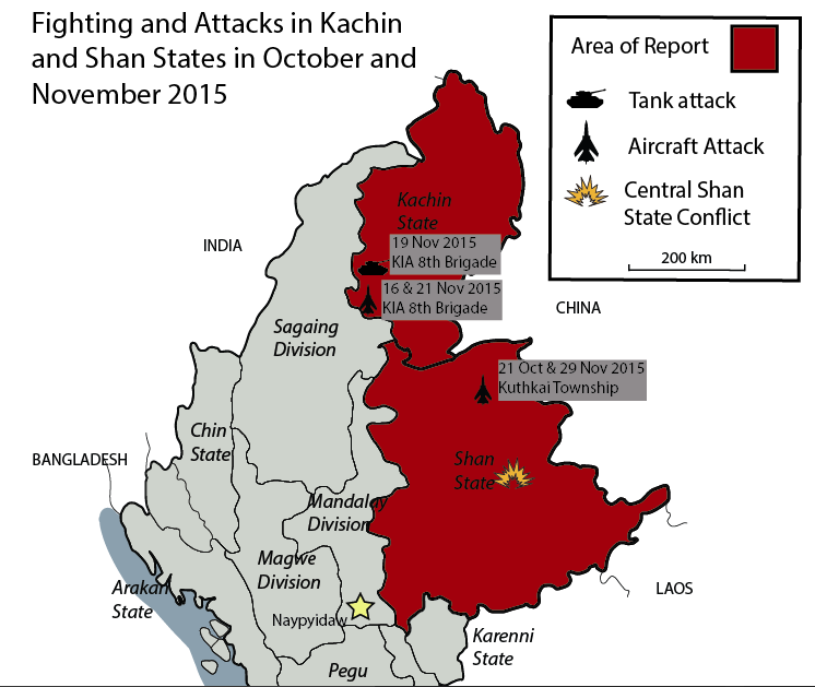Locations of Major Aerial and Tank Attacks in Kachin State and Northern Shan State; Location of heightened aggression in Central Shan State, where clashes have resulted in thousands of new IDPs.