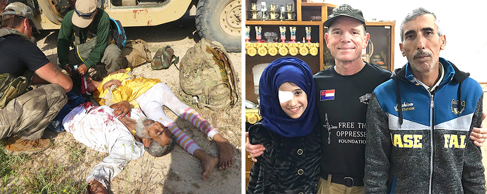Left: FBR medics, Sky, Slowly and Silverhorn work to save Aisha and father after we got out of the kill zone on 4 May 2017. Right: Aisha, her father, and Dave in February 2018.